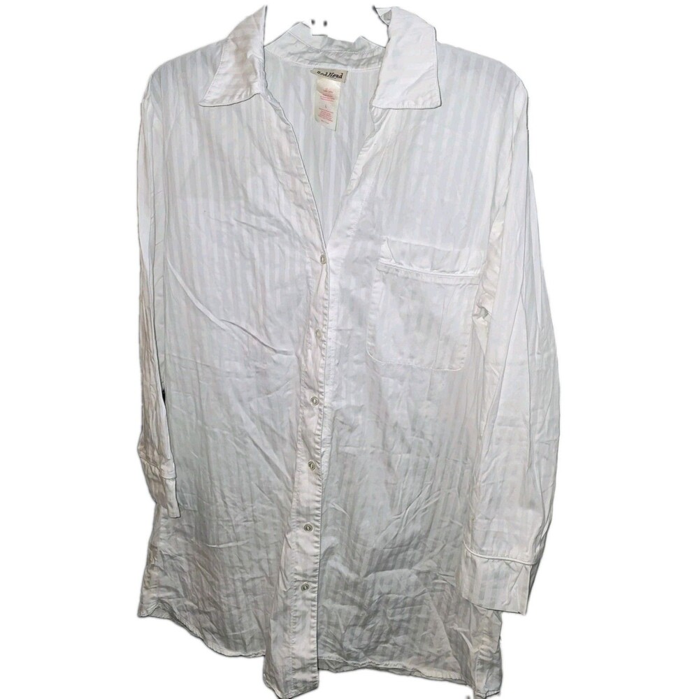 BED HEAD PAJAMAS Sz L 100% Cotton White Button-Up L/S Striped Shirt Night Gown